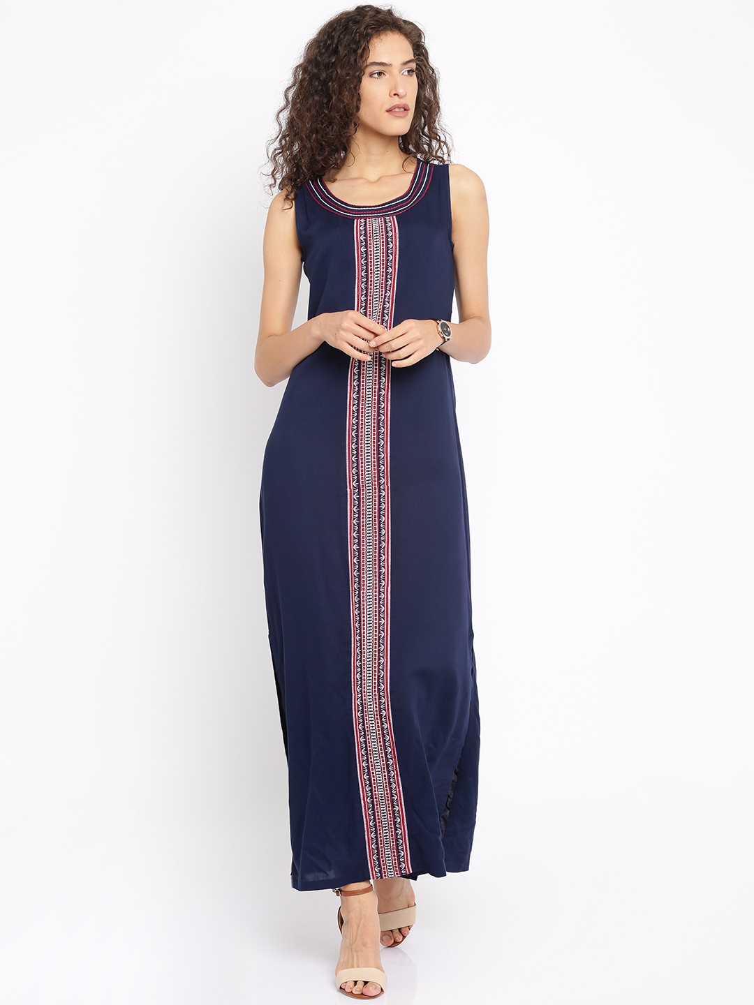 

Global Desi Women Navy Embroidered Maxi Dress, Navy blue