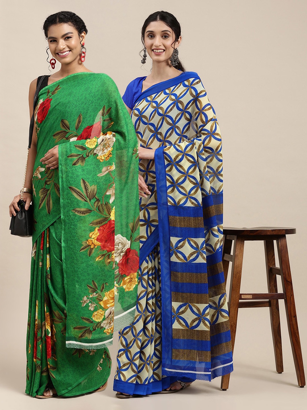 

KALINI Pack Of 2 Green & Blue Floral Saree