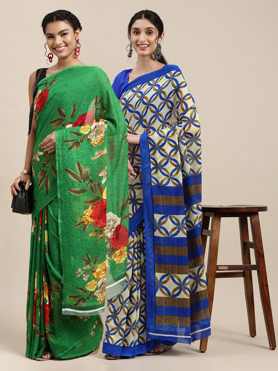 

KALINI Pack of 2 Green & Red Floral Sarees