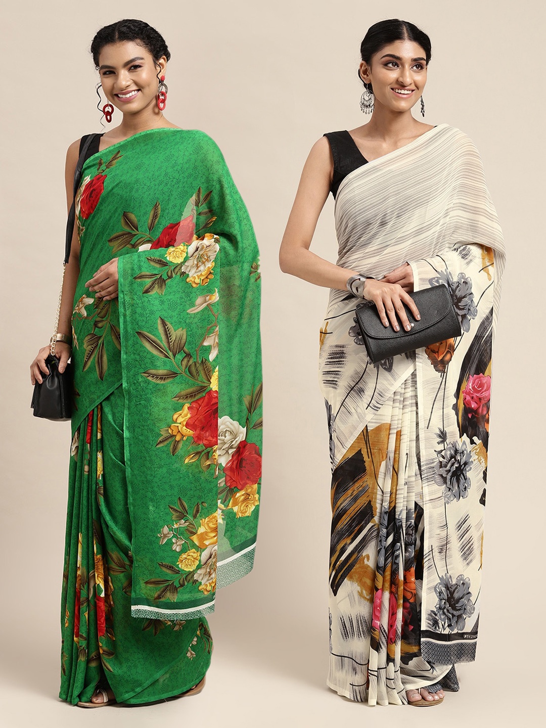 

KALINI Green & Off White Set Of 2 Floral Saree