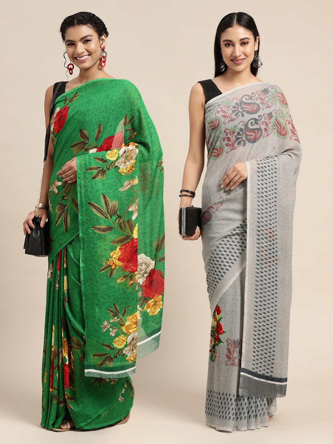 

KALINI Green & Grey Set of 2 Floral Printed Pure Georgette Saree