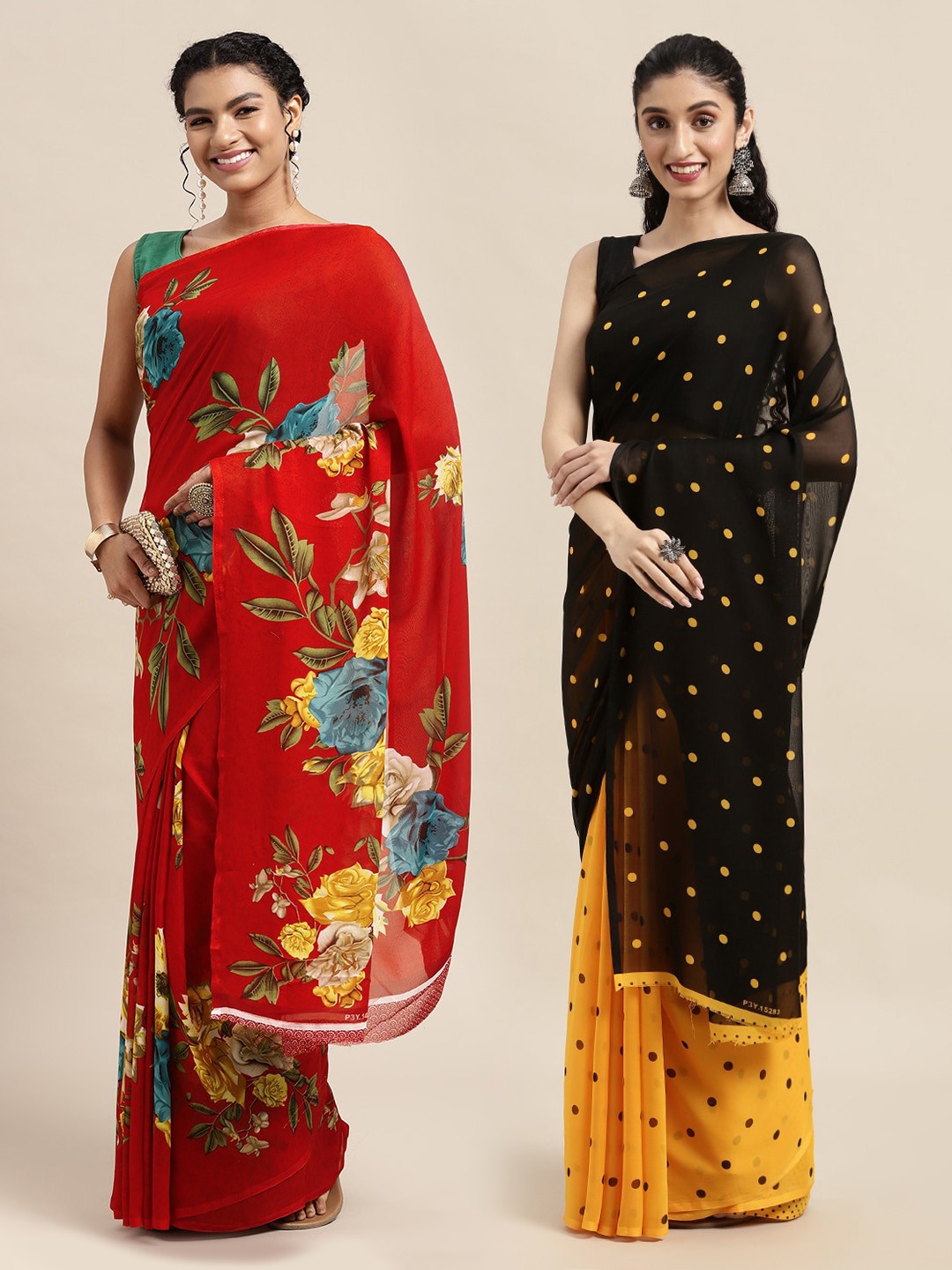 

KALINI Pack of 2 Red & Yellow Floral Sarees