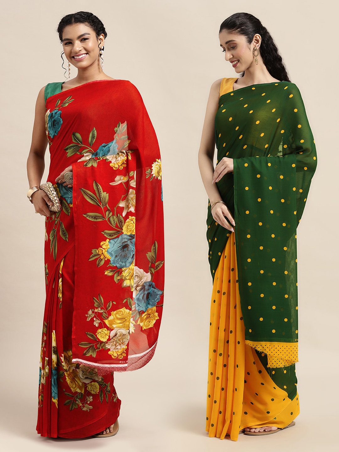 

KALINI Pack Of 2 Red & Green Floral Printed Saree
