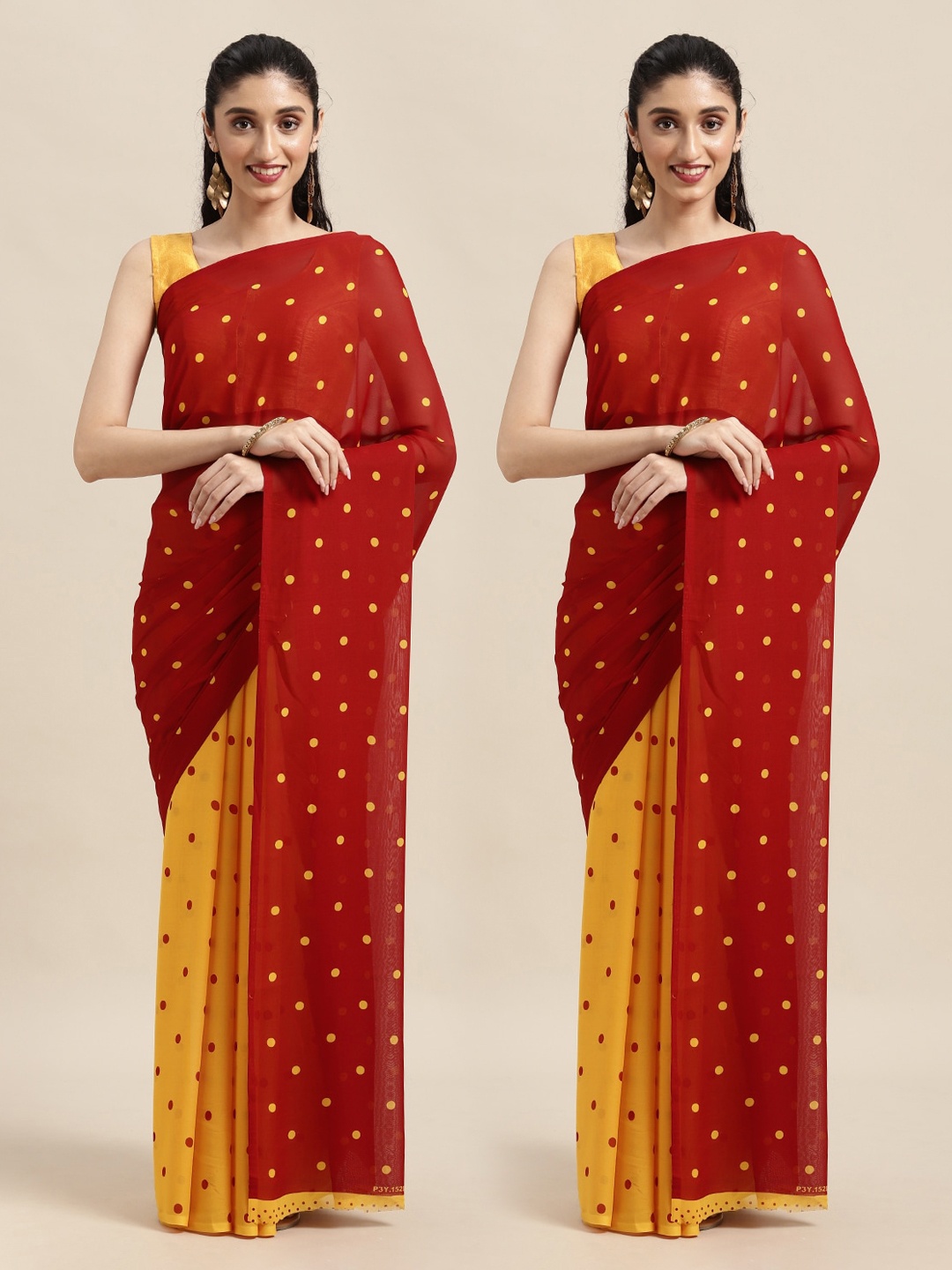 

KALINI Pack of 2 Red & Yellow Polka Dots Printed Half and Half Sarees