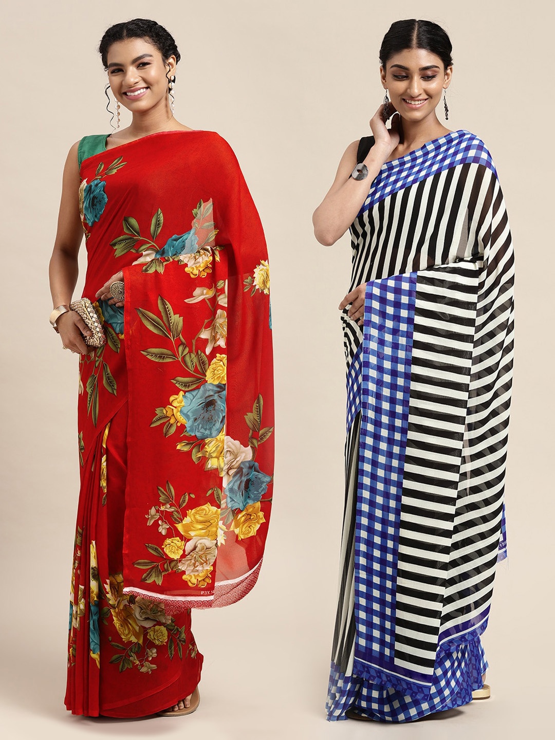 

KALINI Pack Of 2 Red & Blue Floral Saree