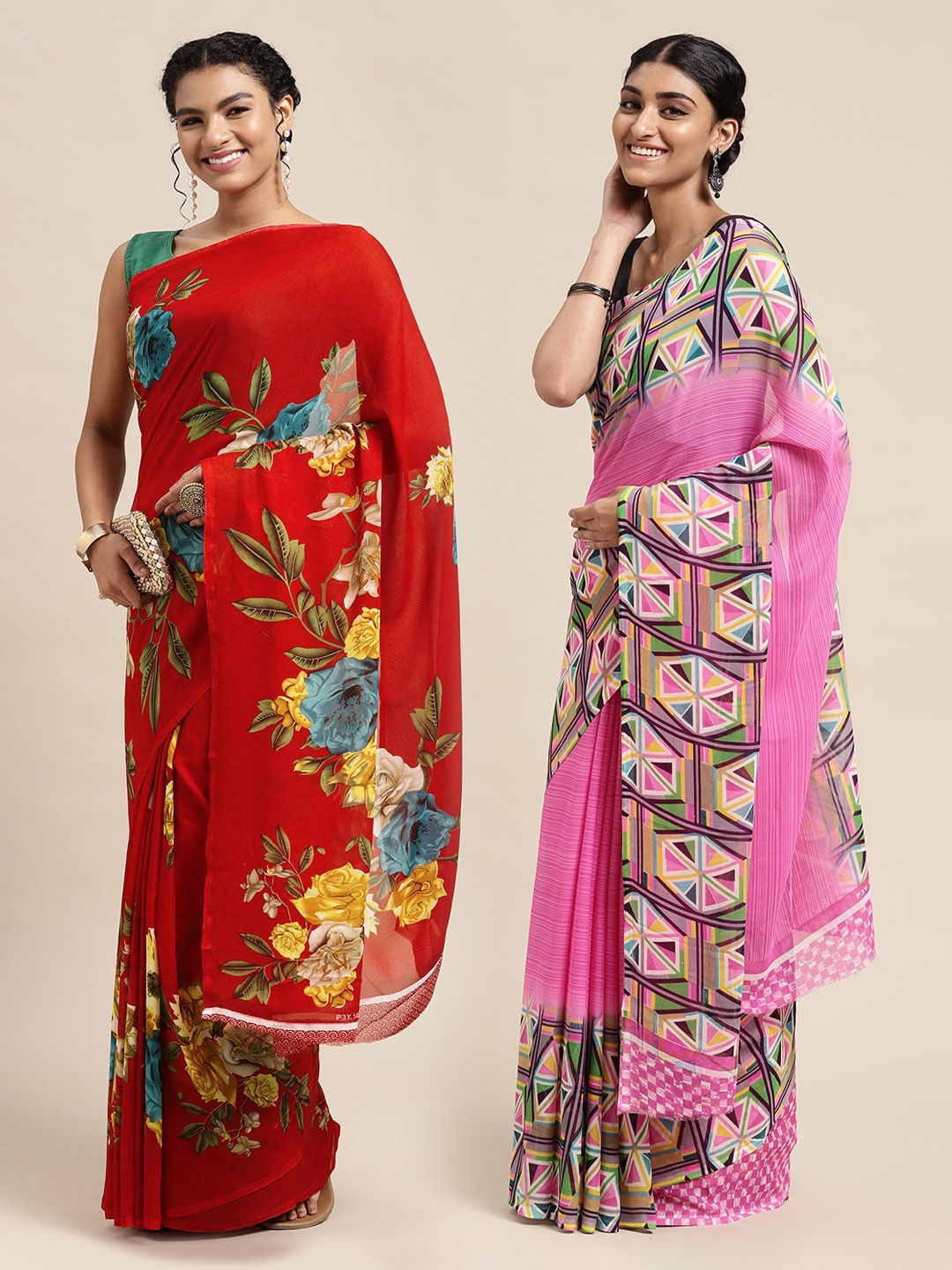 

KALINI Red & Pink Set of 2 Floral Printed Pure Georgette Saree
