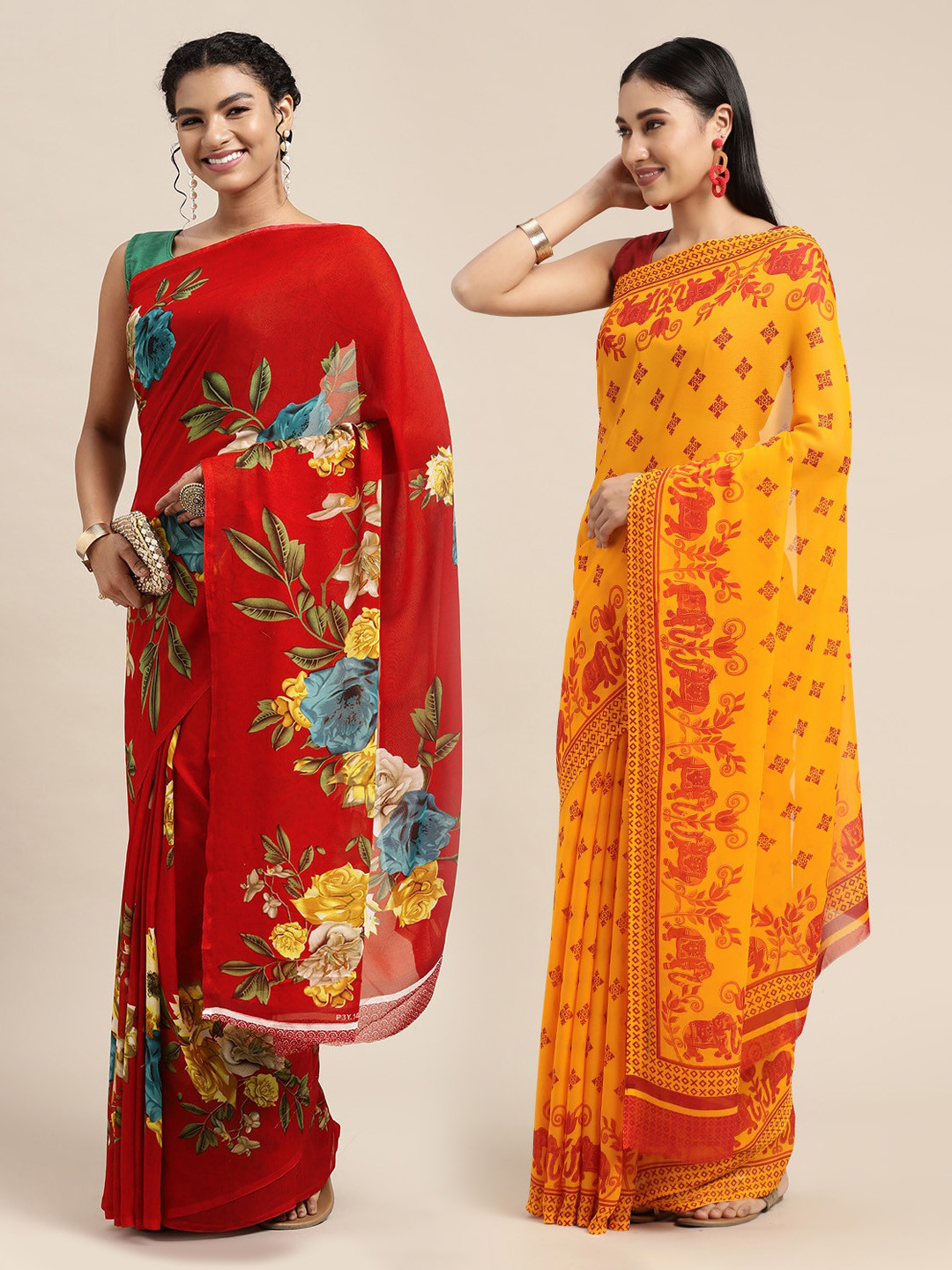 

KALINI Red & Yellow Floral Printed Poly-Georgette Saree Pack Of 2