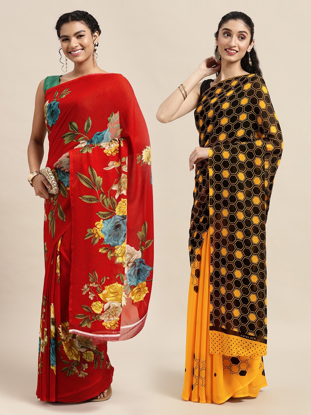 

KALINI Pack of 2 Red & Blue Floral Sarees