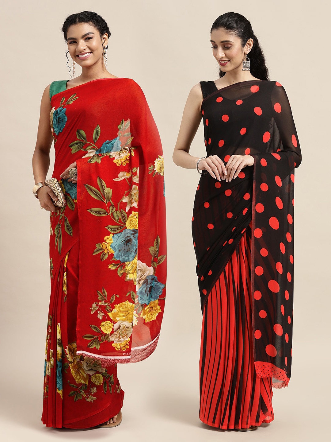 

KALINI Pack Of 2 Red & Black Floral Printed Saree