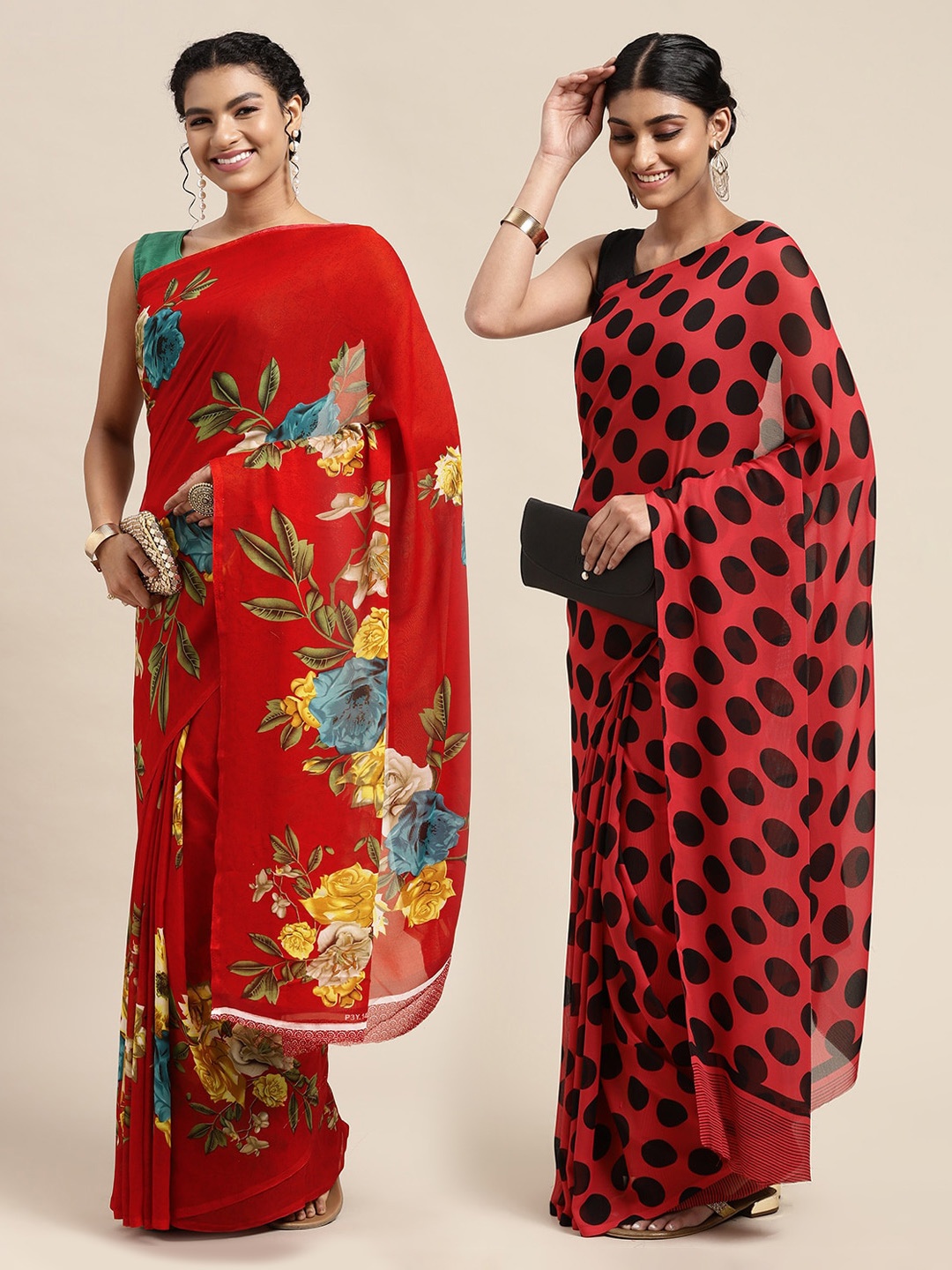 

KALINI Pack of 2 Red & Coral Red Printed Sarees