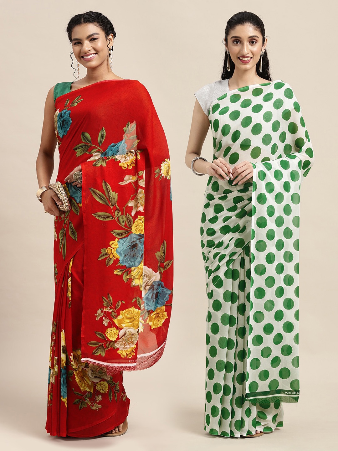 

KALINI Pack Of 2 Red & Green Floral Saree
