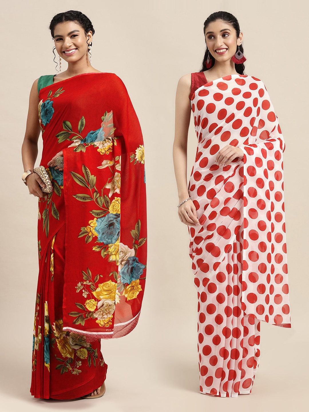 

KALINI Red & White Set Of 2 Floral Saree