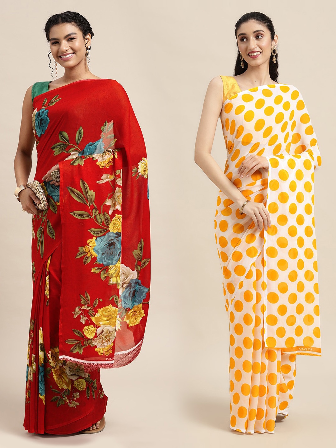 

KALINI Red & Yellow Floral Printed Poly-Georgette Saree Pack Of 2