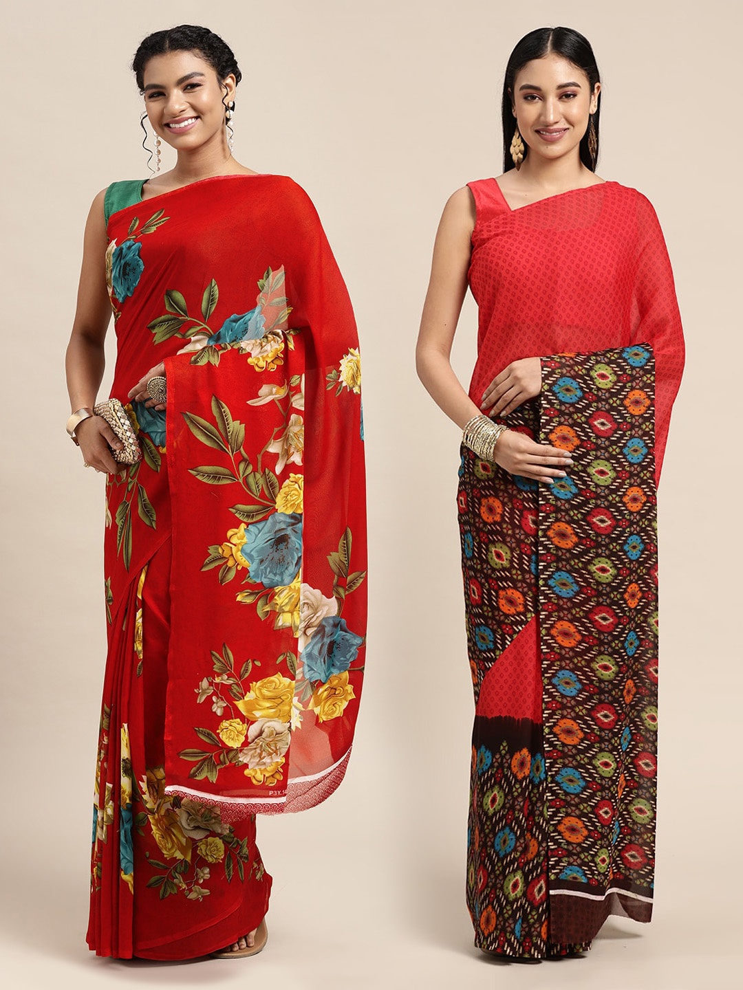 

KALINI Pack of 2 Red & Blue Floral Sarees