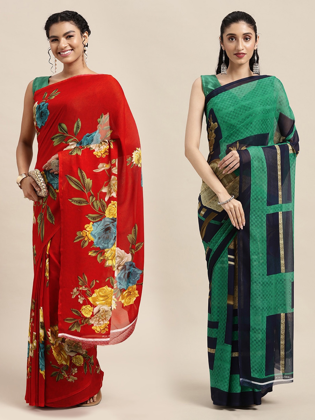 

KALINI Pack Of 2 Red & Green Floral Printed Saree