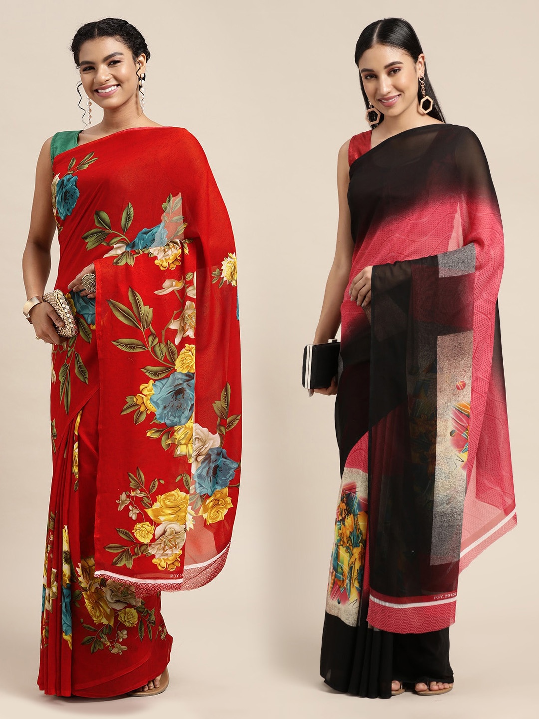 

KALINI Pack of 2 Red & Black Printed Sarees