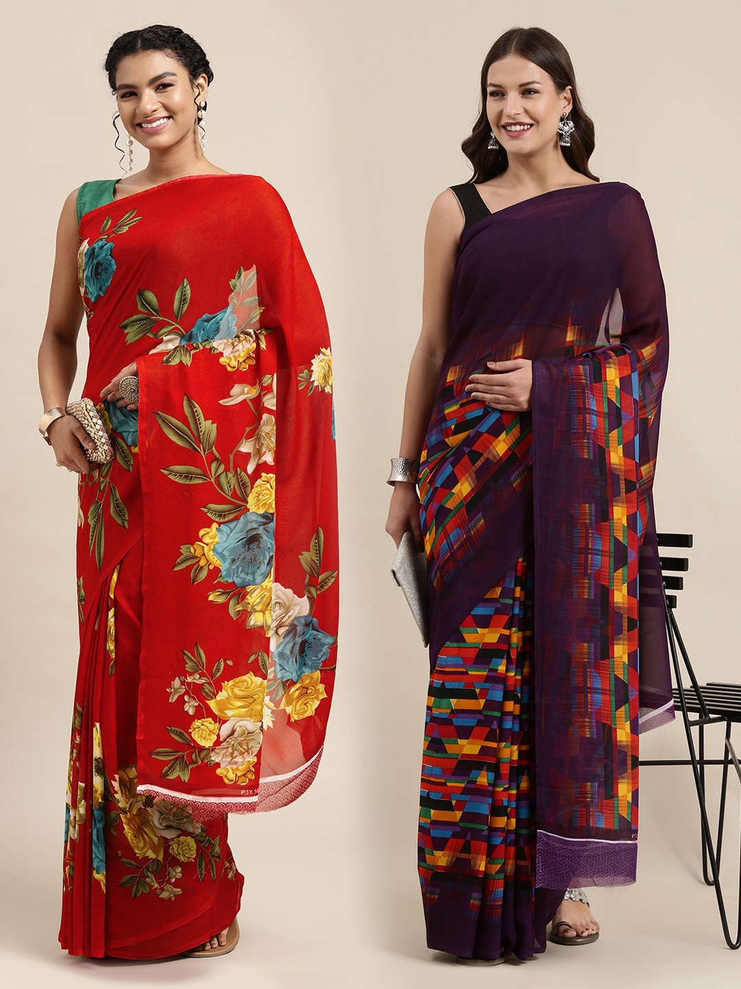 

KALINI Pack Of 2 Red & Violet Floral Saree