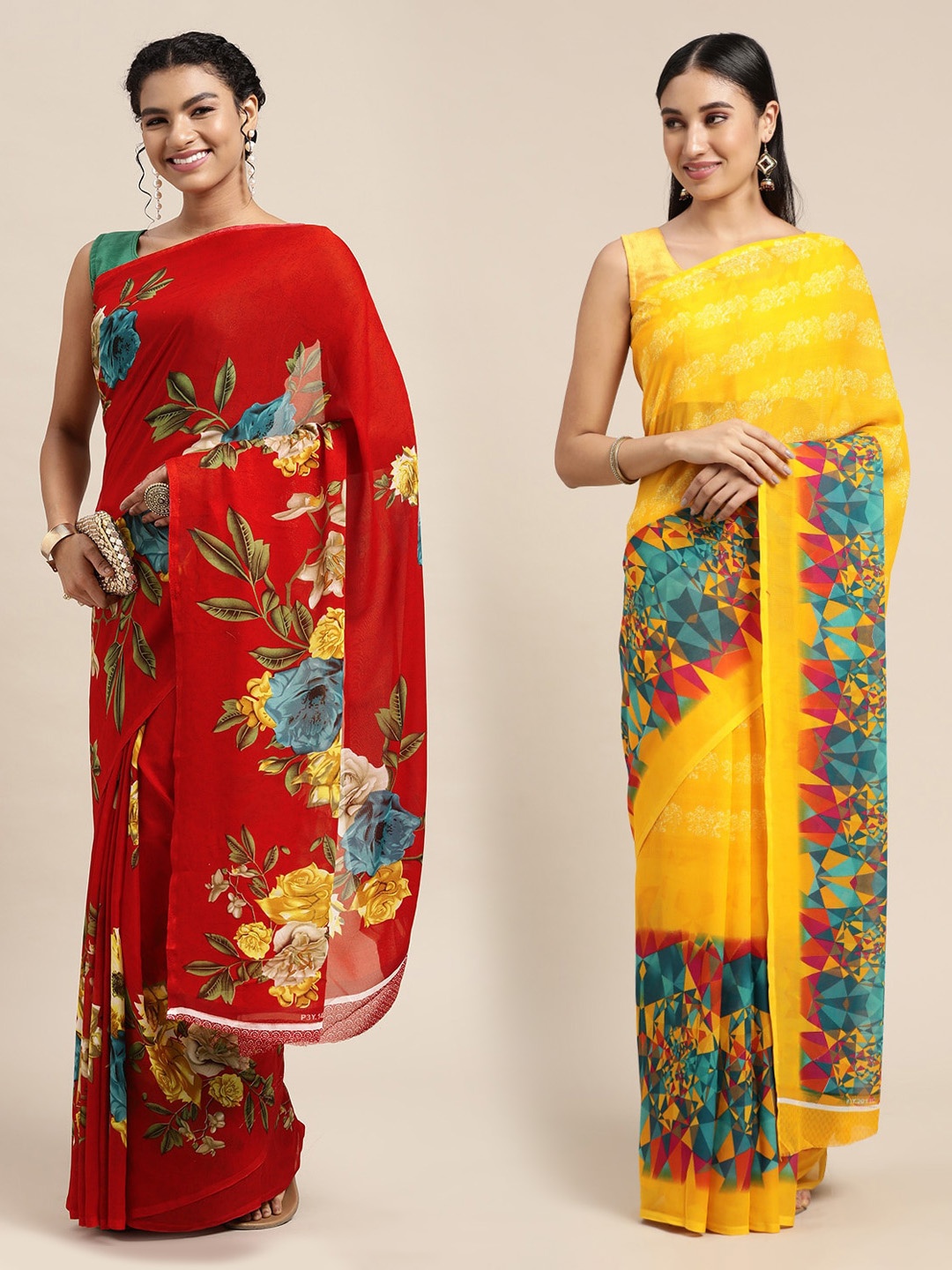 

KALINI Red & Yellow Floral Pure Georgette Saree