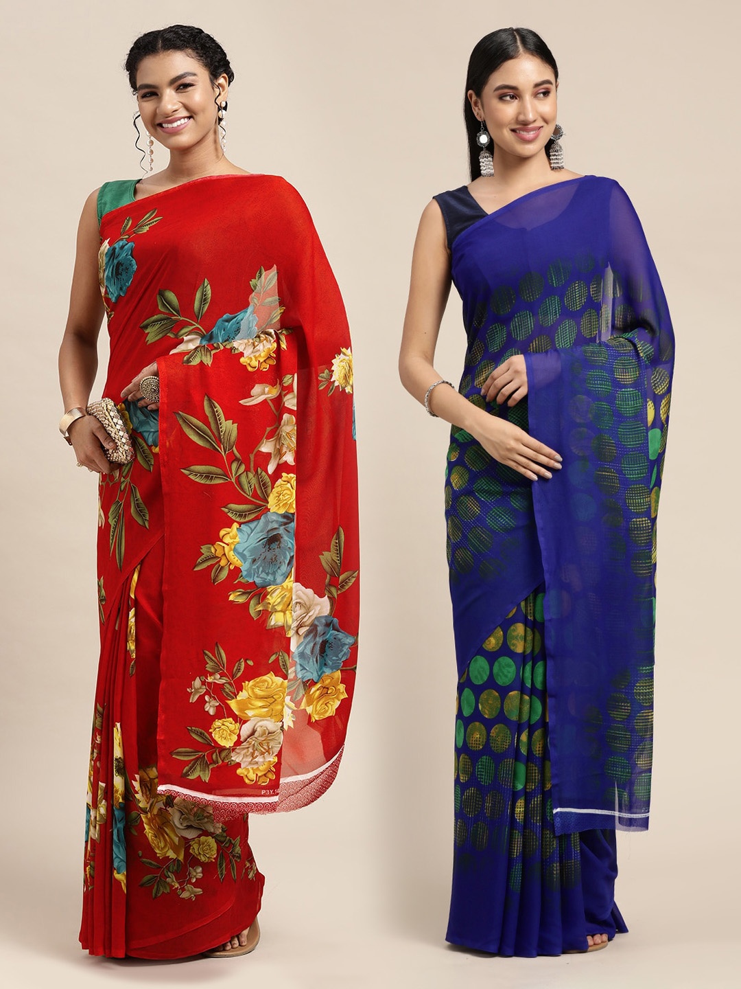 

KALINI Red & Blue Printed Pure Georgette Saree