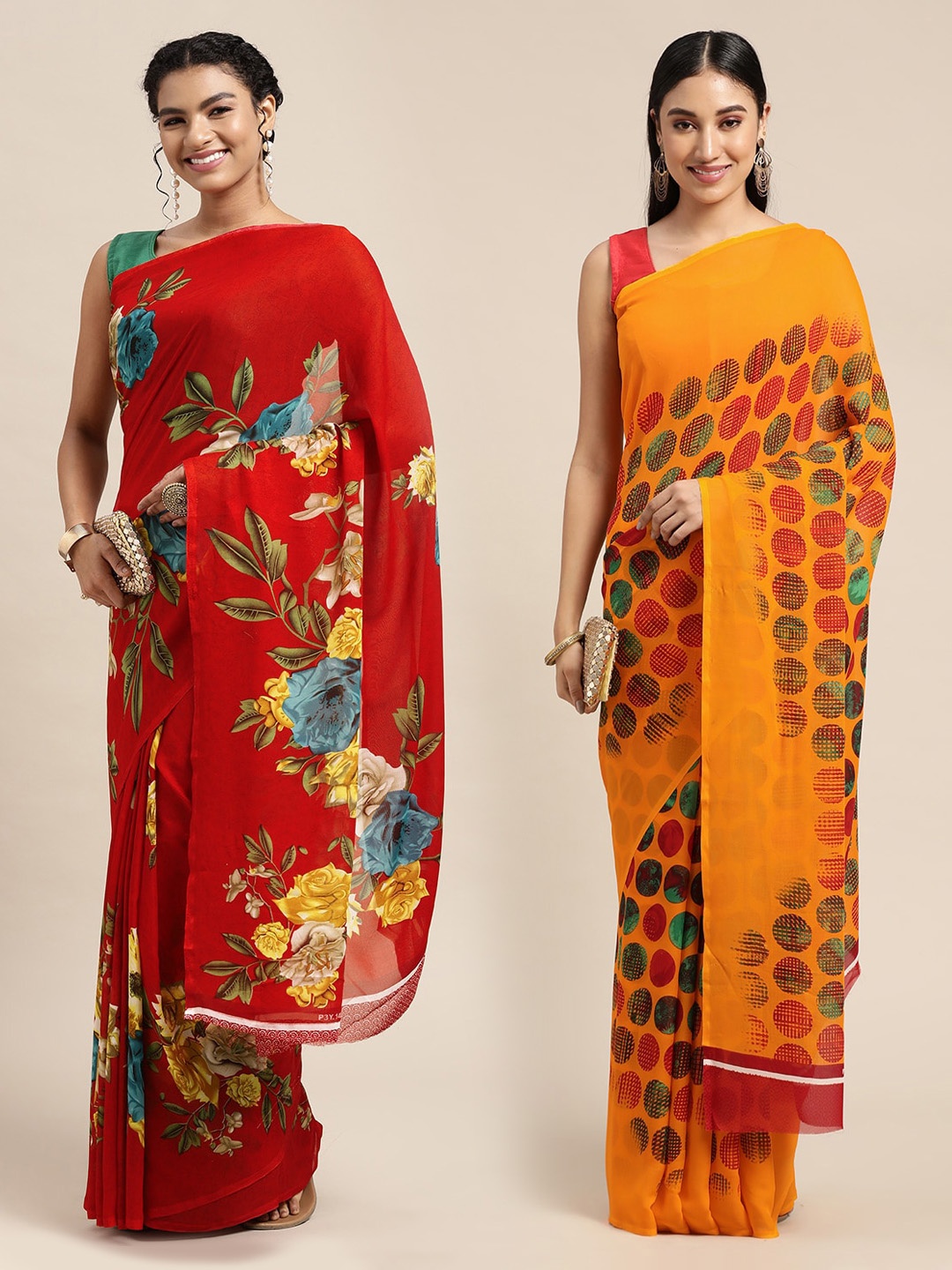 

KALINI Red & Yellow Printed Pure Georgette Saree
