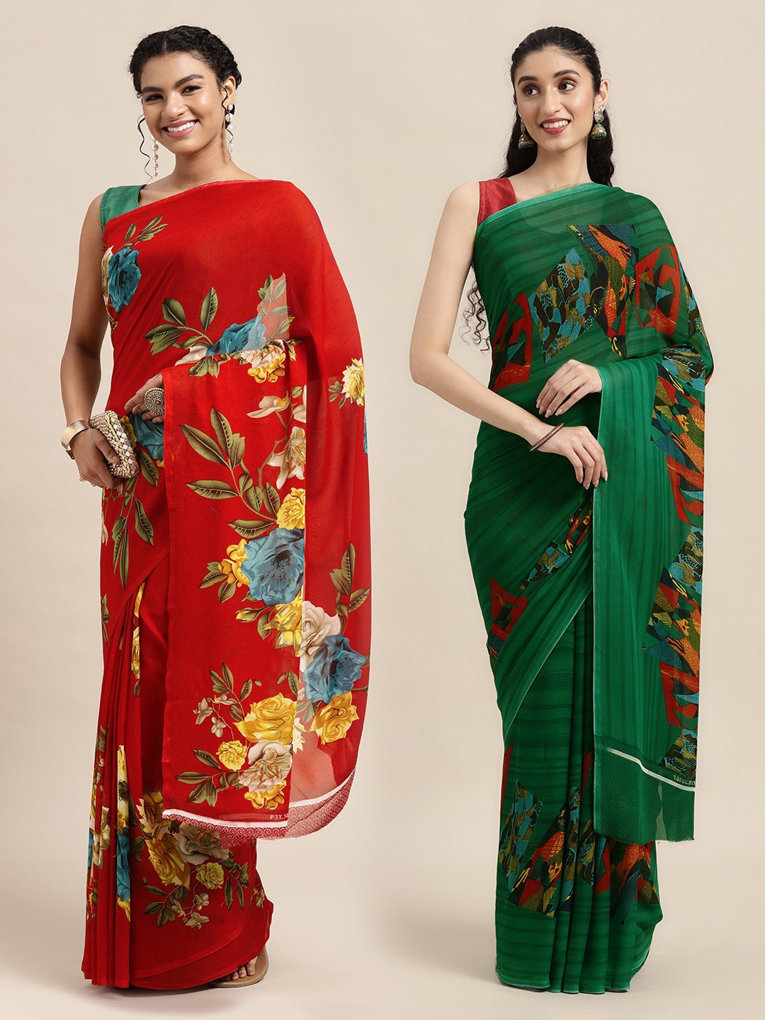 

KALINI Red & Green Floral Pure Georgette Saree