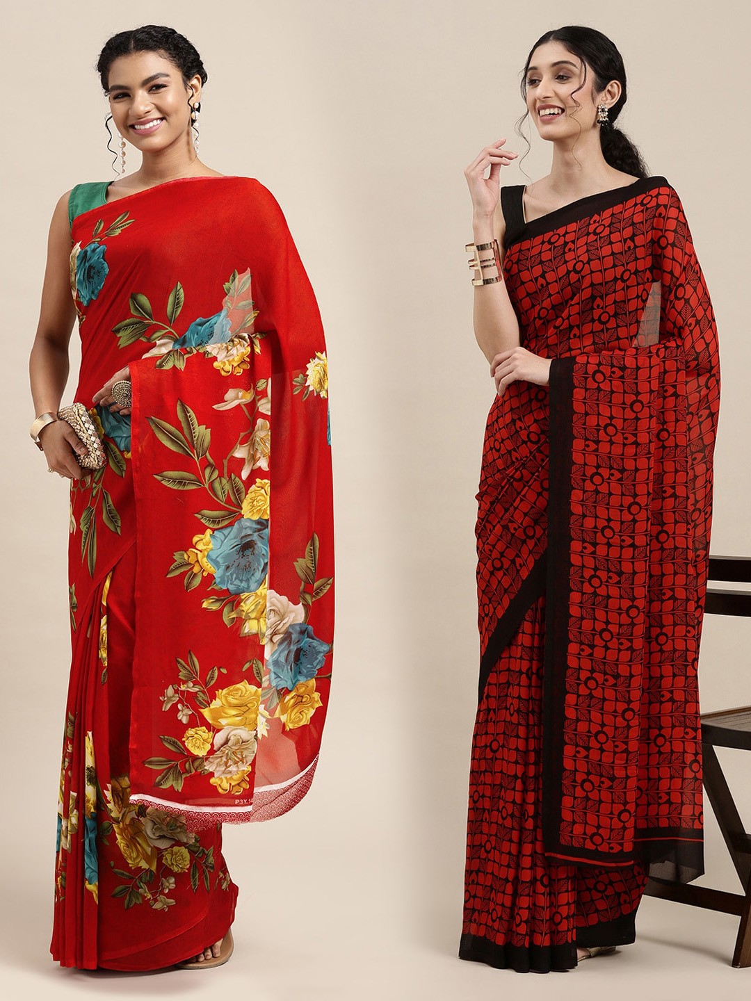 

KALINI Red & Black Printed Pure Georgette Saree