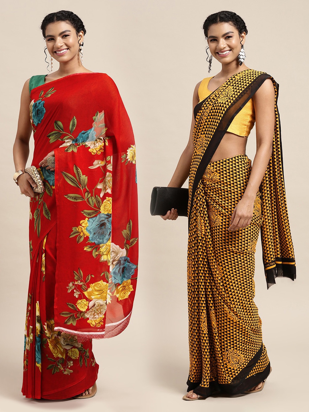 

KALINI Red & Mustard Printed Pure Georgette Saree