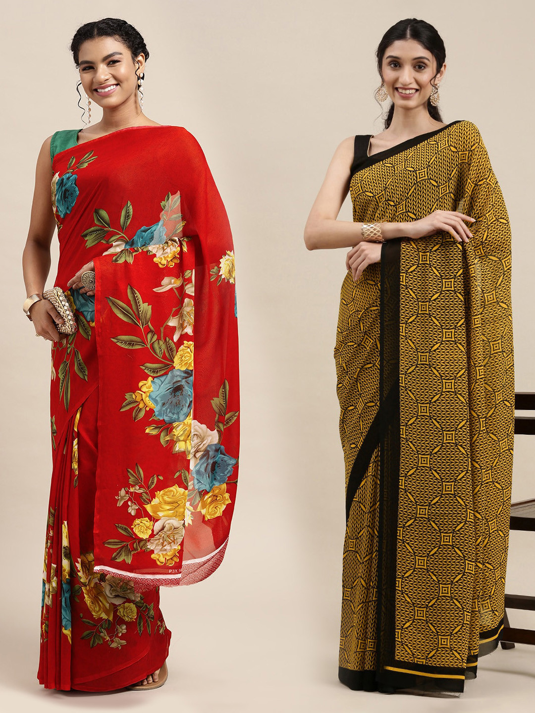 

KALINI Red & Black Printed Pure Georgette Saree Pack Of 2