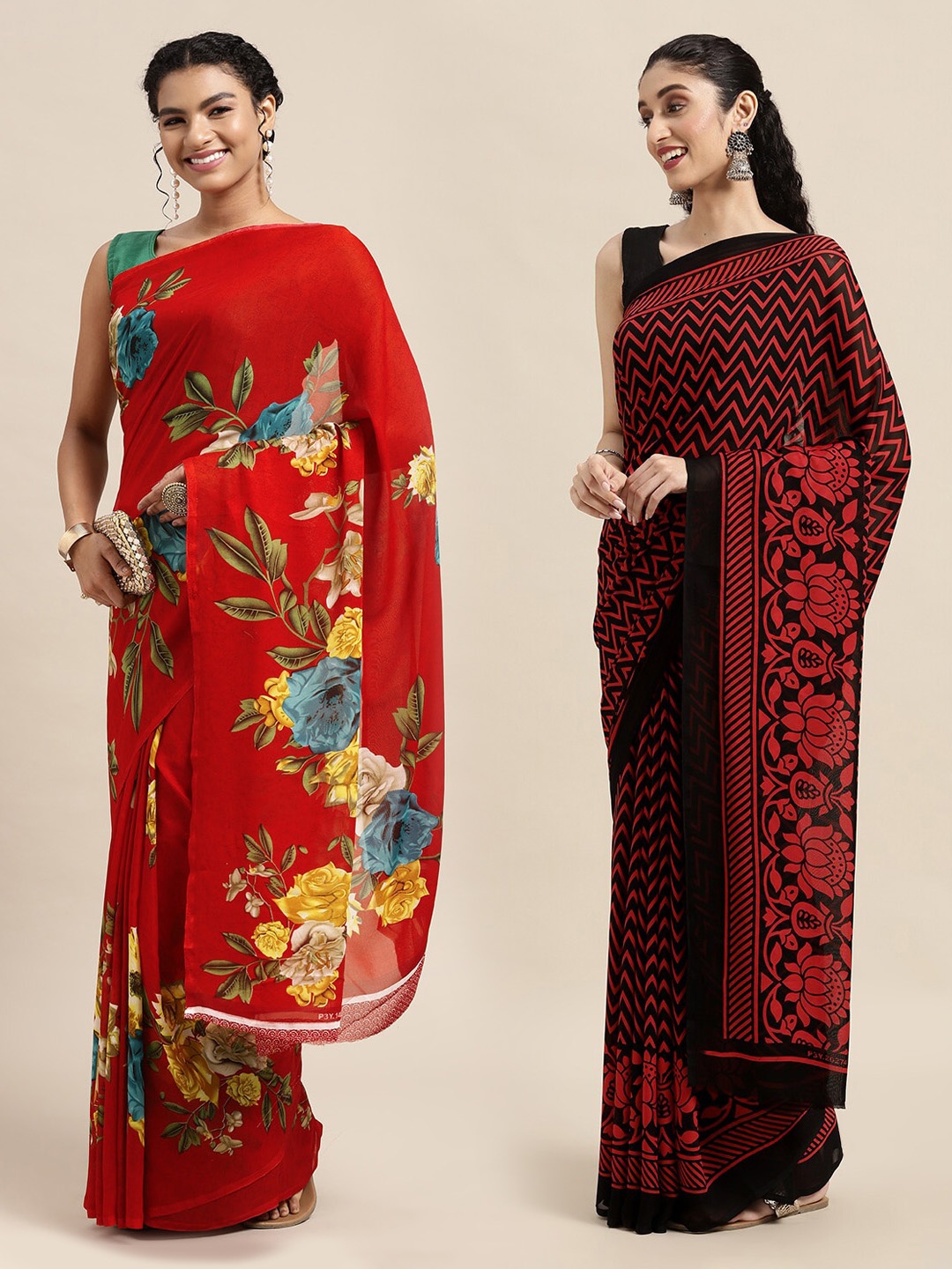 

KALINI Red & Black Floral Pure Georgette Saree