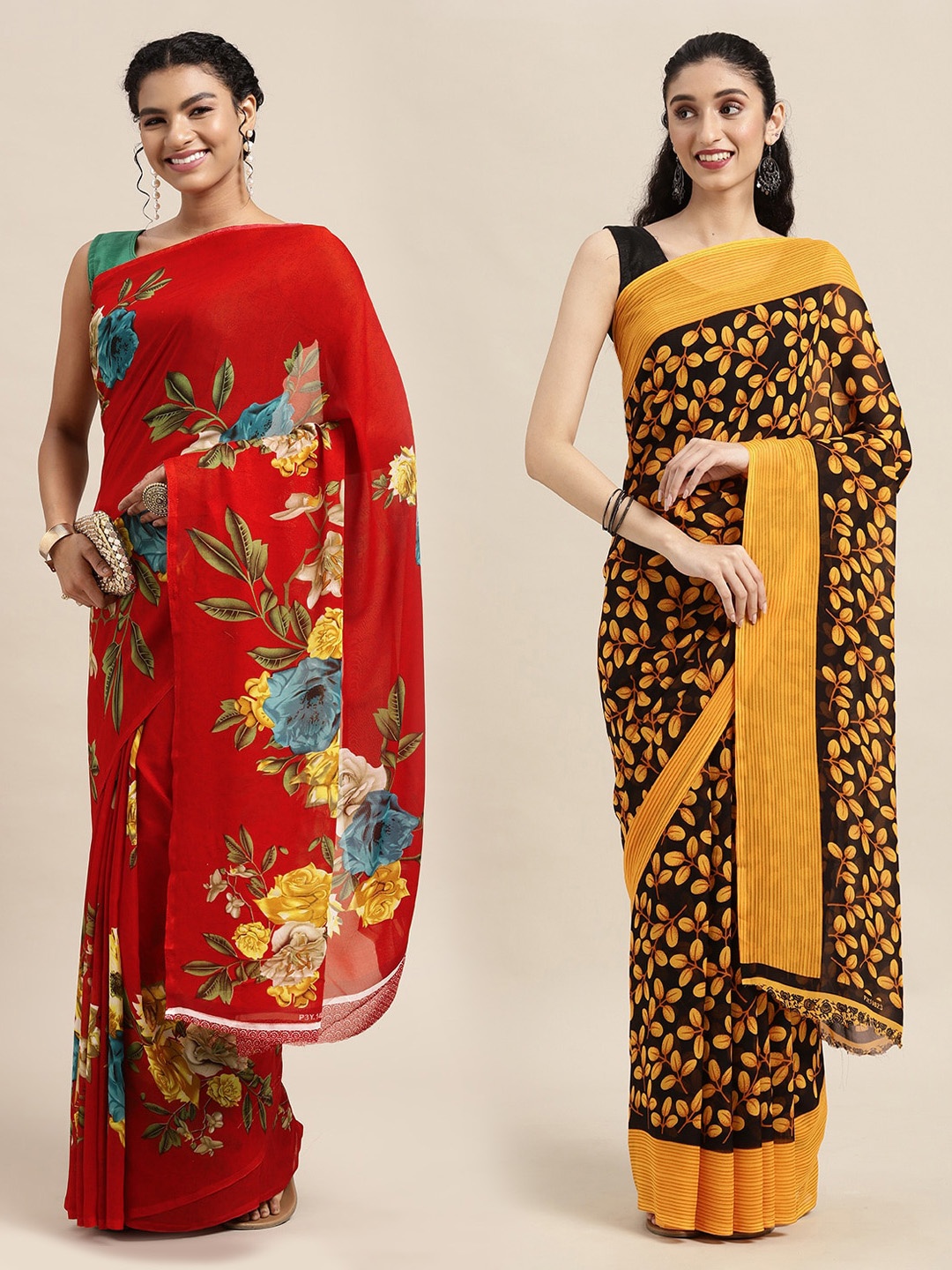 

KALINI Red & Black Floral Pure Georgette Saree
