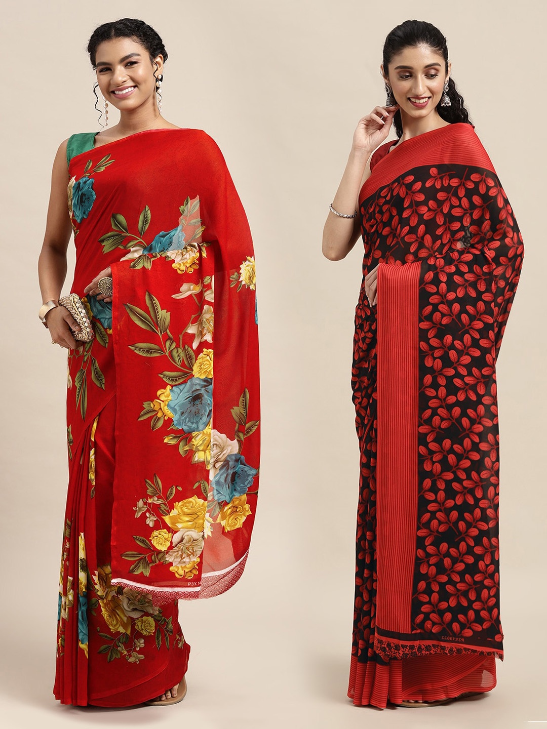 

KALINI Red & Black Floral Pure Georgette Saree