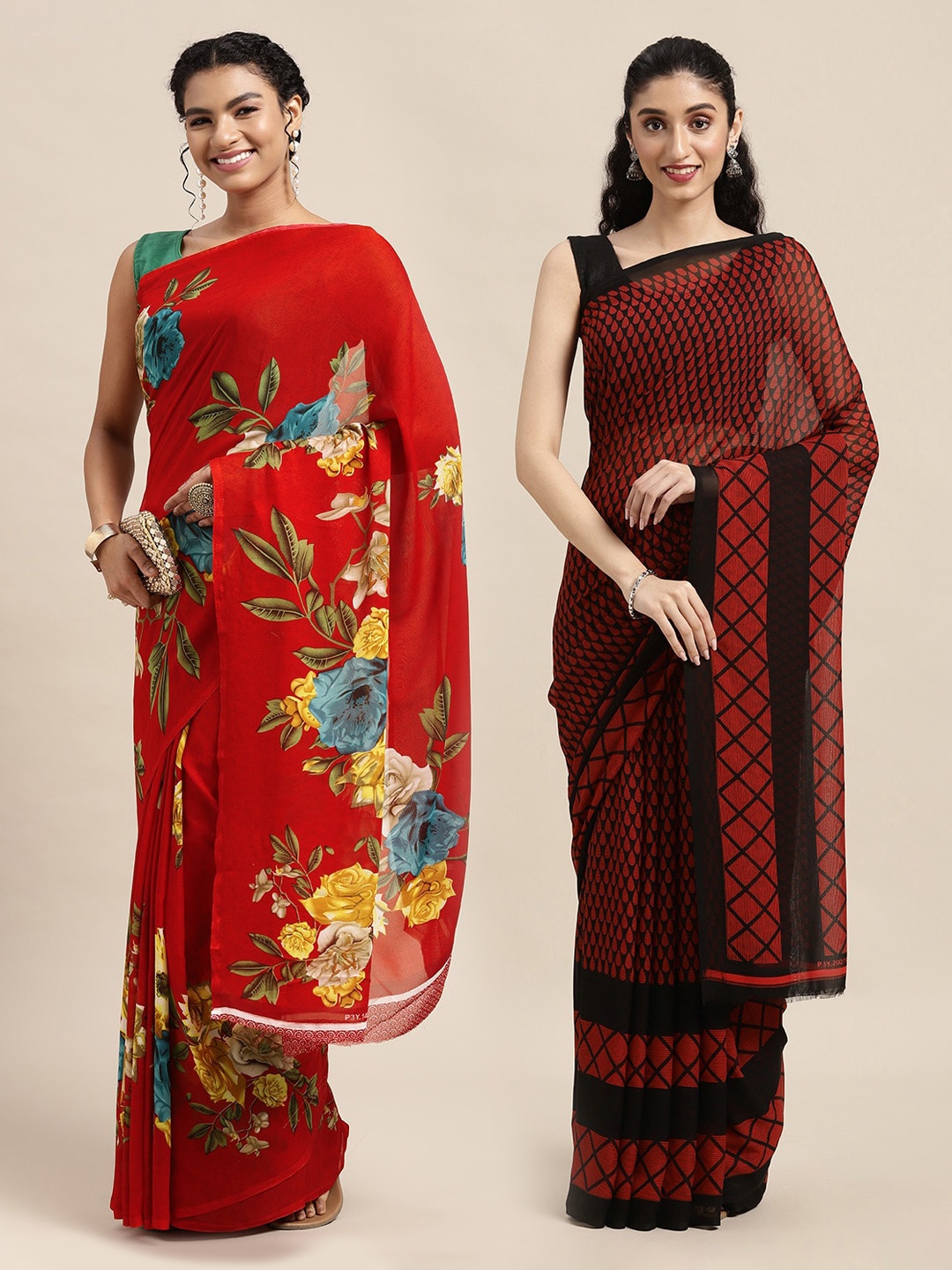 

KALINI Red & Black Printed Pure Georgette Saree