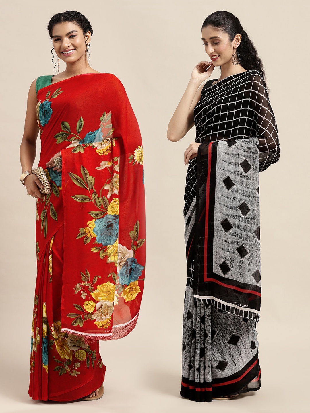 

KALINI Black & Red Printed Pure Georgette Saree
