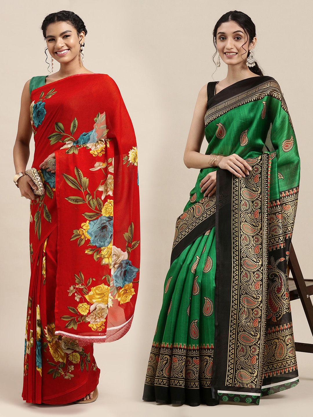 

KALINI Red & Green Printed Pure Georgette Saree
