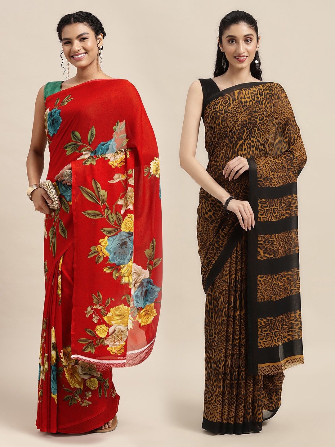 

KALINI Red & Black Printed Pure Georgette Saree