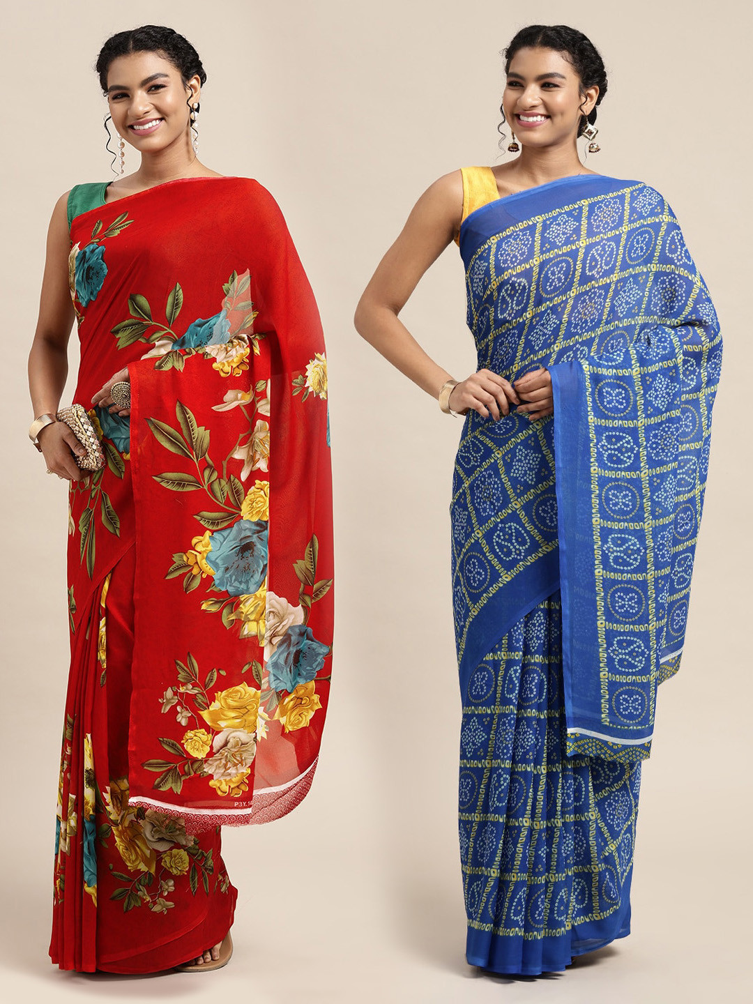 

KALINI Red & Blue Printed Pure Georgette Saree