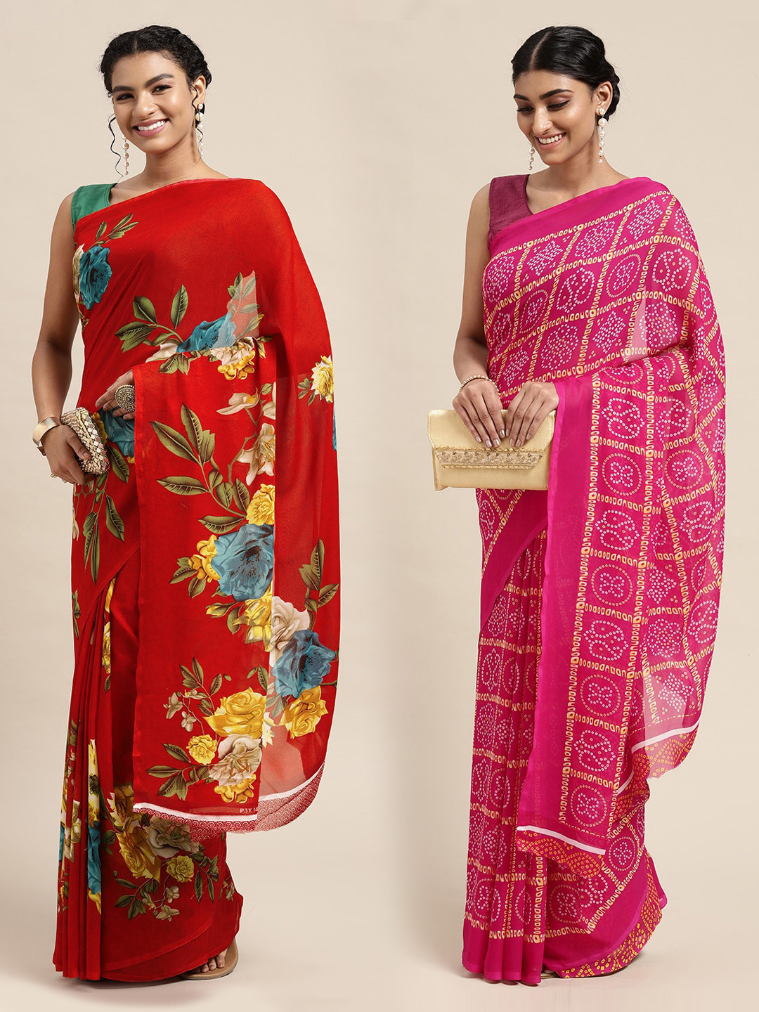 

KALINI Pink & Red Printed Pure Georgette Saree