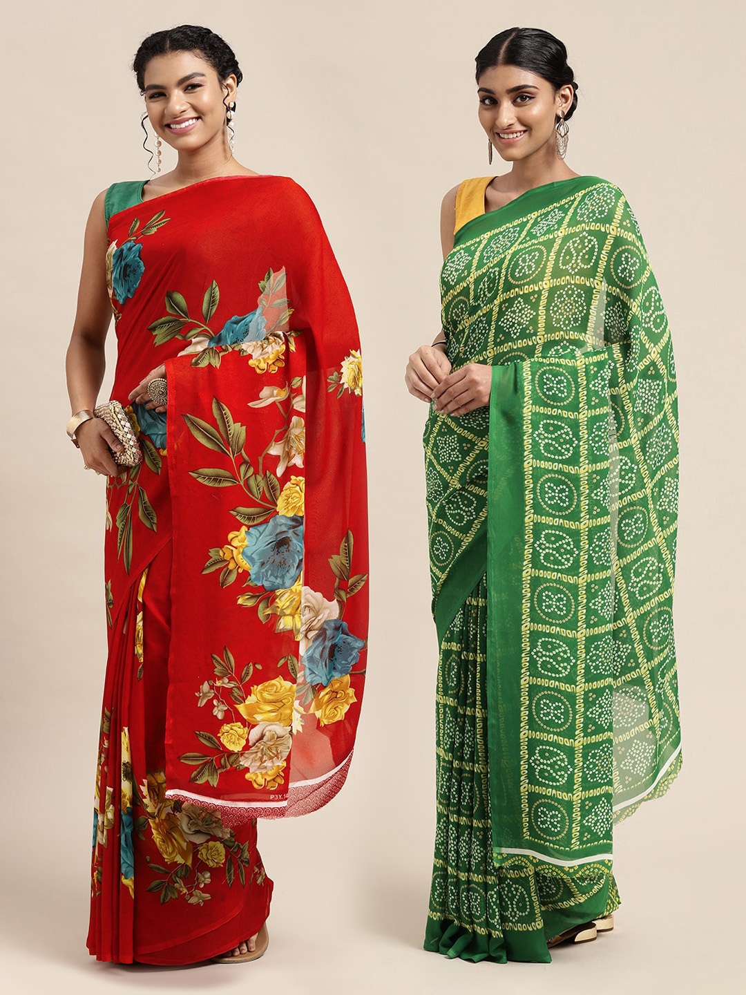 

KALINI Red & Green Printed Pure Georgette Saree