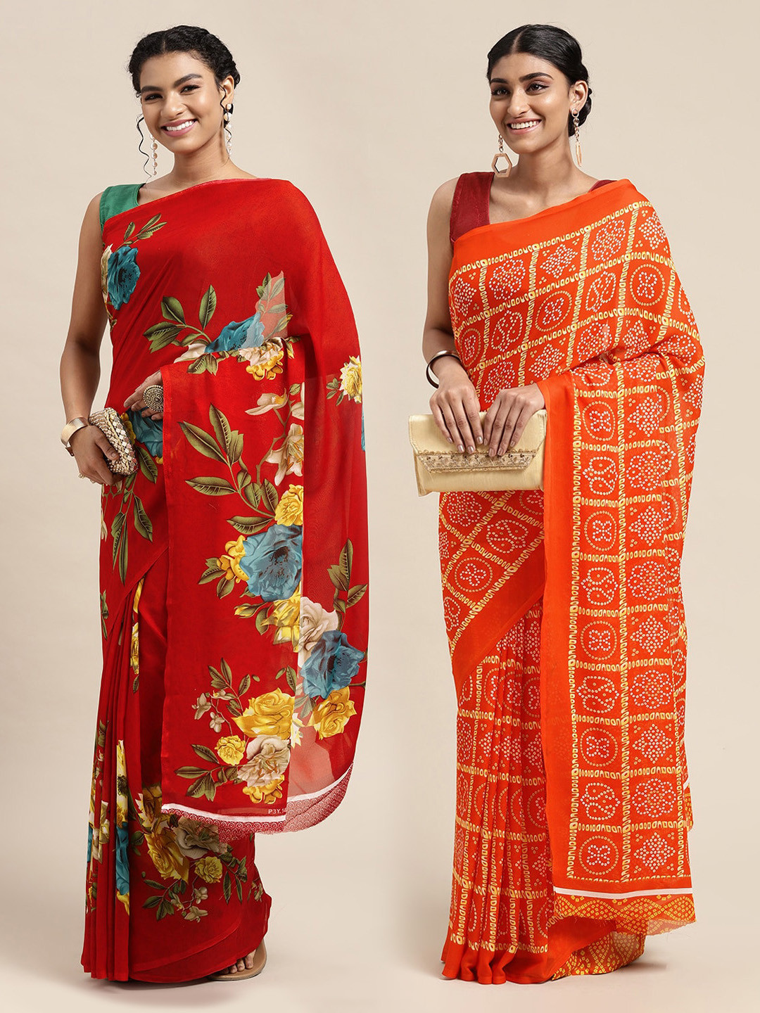 

KALINI Red & Orange Printed Pure Georgette Saree