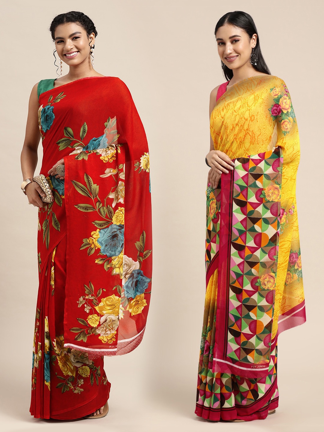 

KALINI Yellow & Red Printed Pure Georgette Saree
