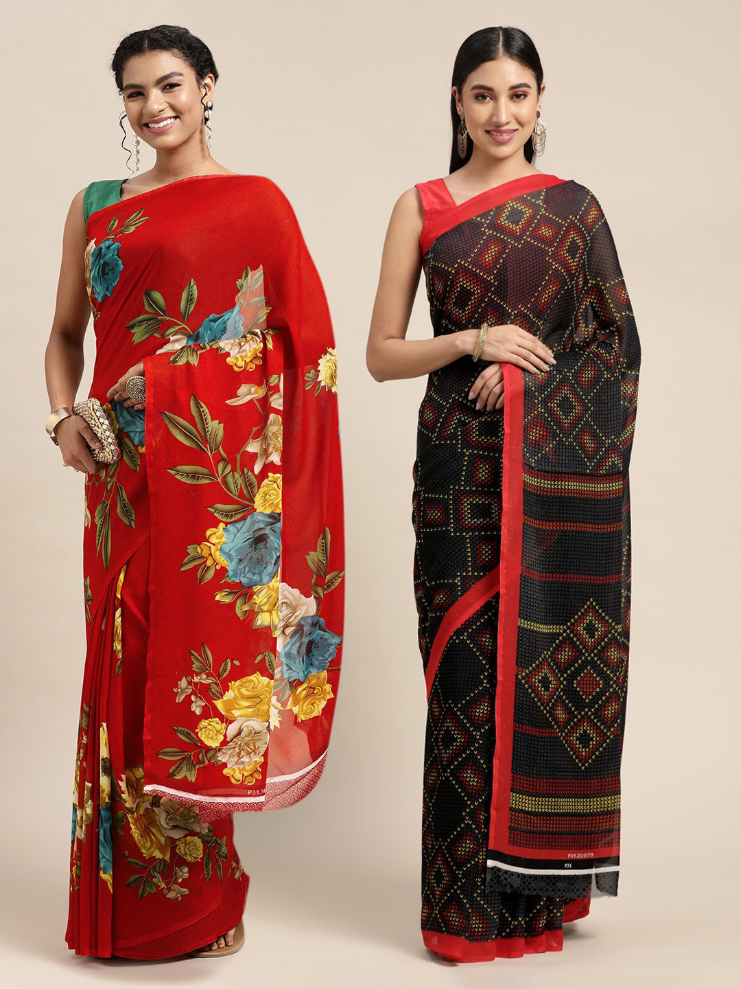 

KALINI Red & Navy Blue Printed Pure Georgette Saree