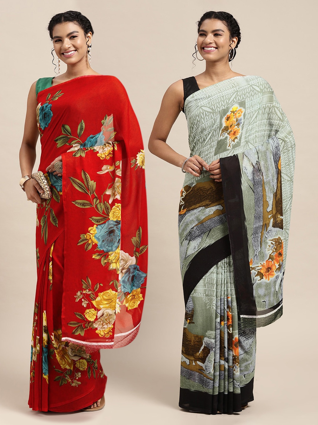 

KALINI Red & White Floral Pure Georgette Saree