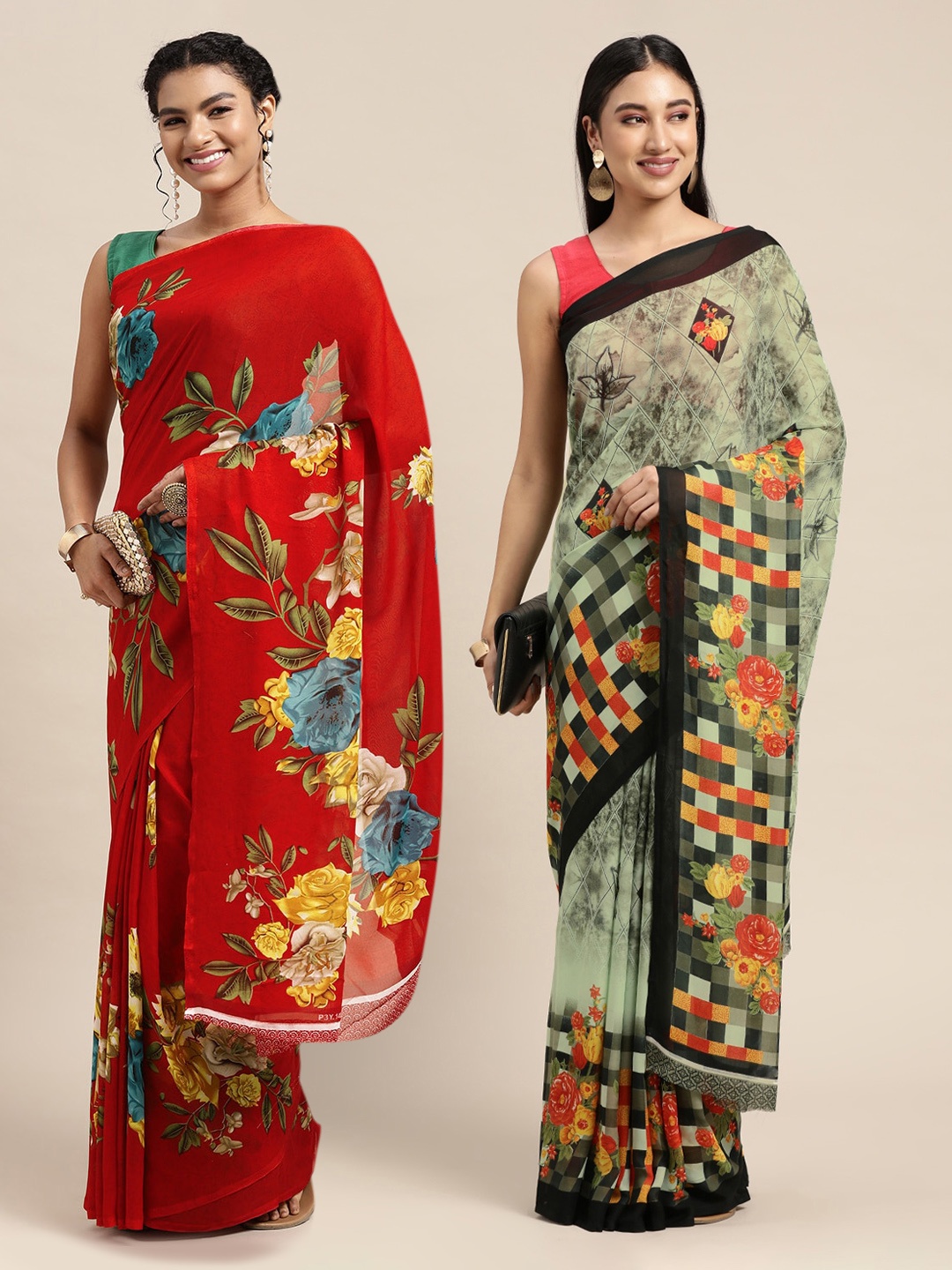 

KALINI Red & Green Printed Pure Georgette Saree