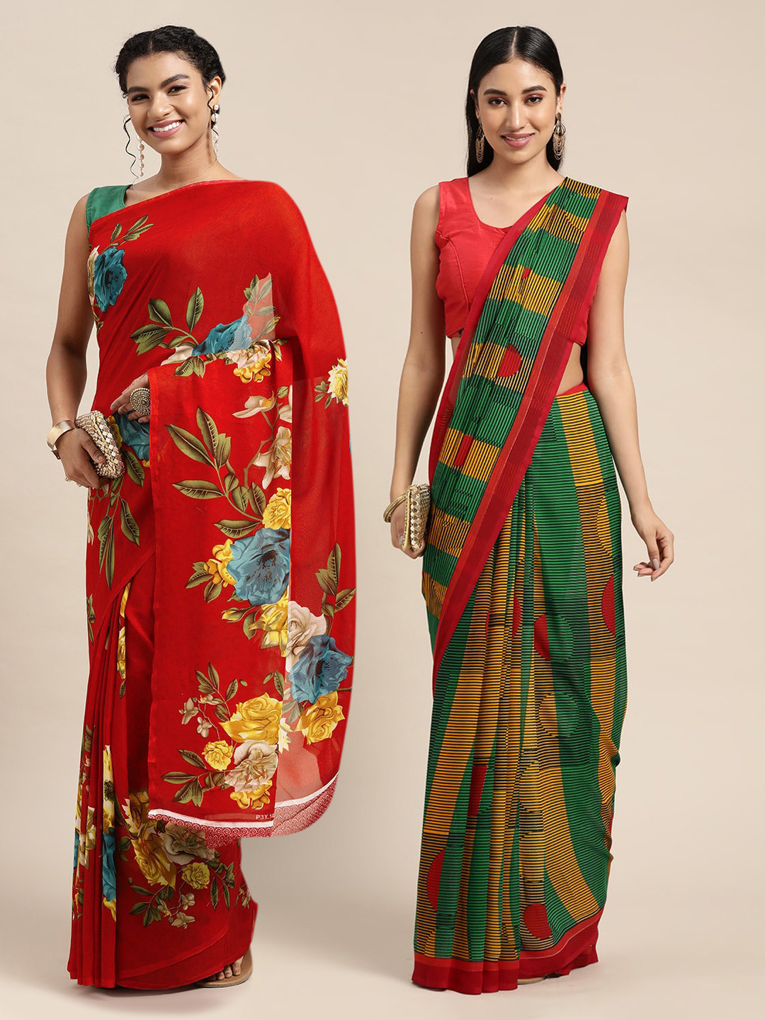 

KALINI Red & Green Printed Pure Georgette Saree