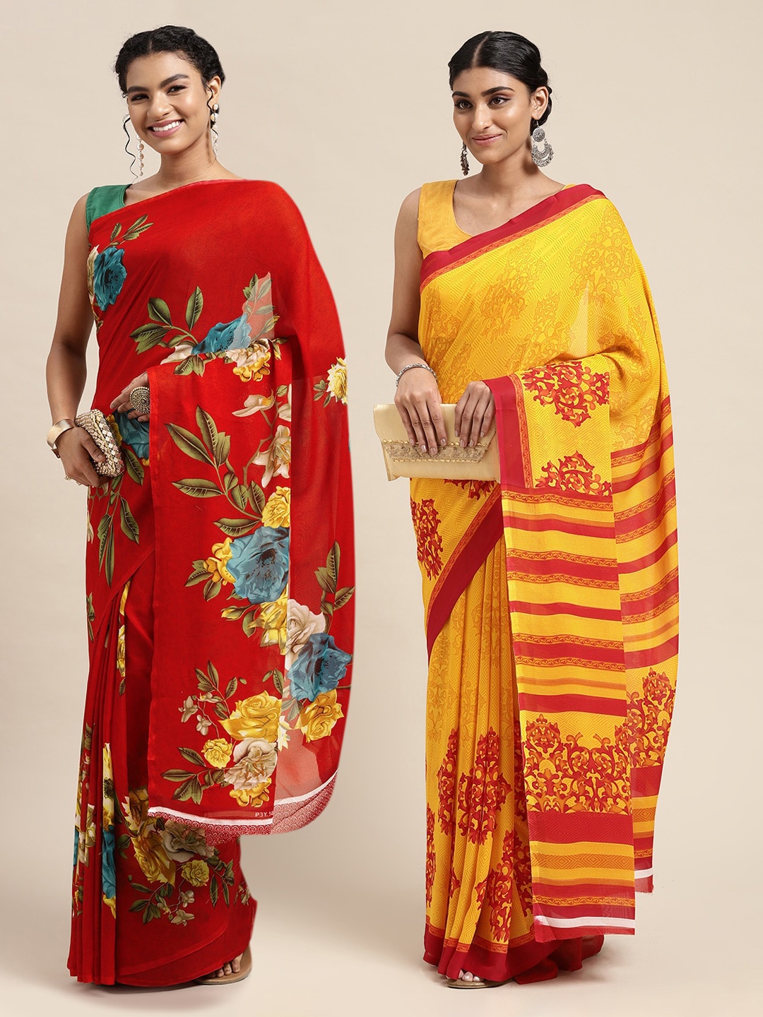 

KALINI Red & Yellow Printed Pure Georgette Saree