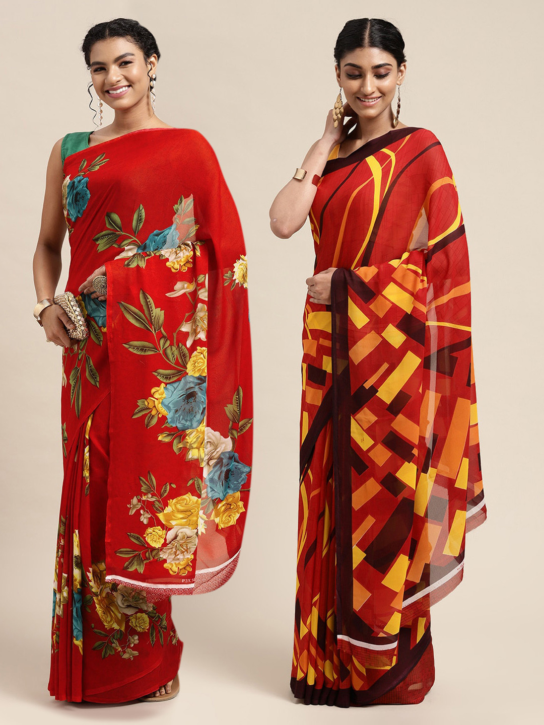 

KALINI Red Printed Pure Georgette Saree