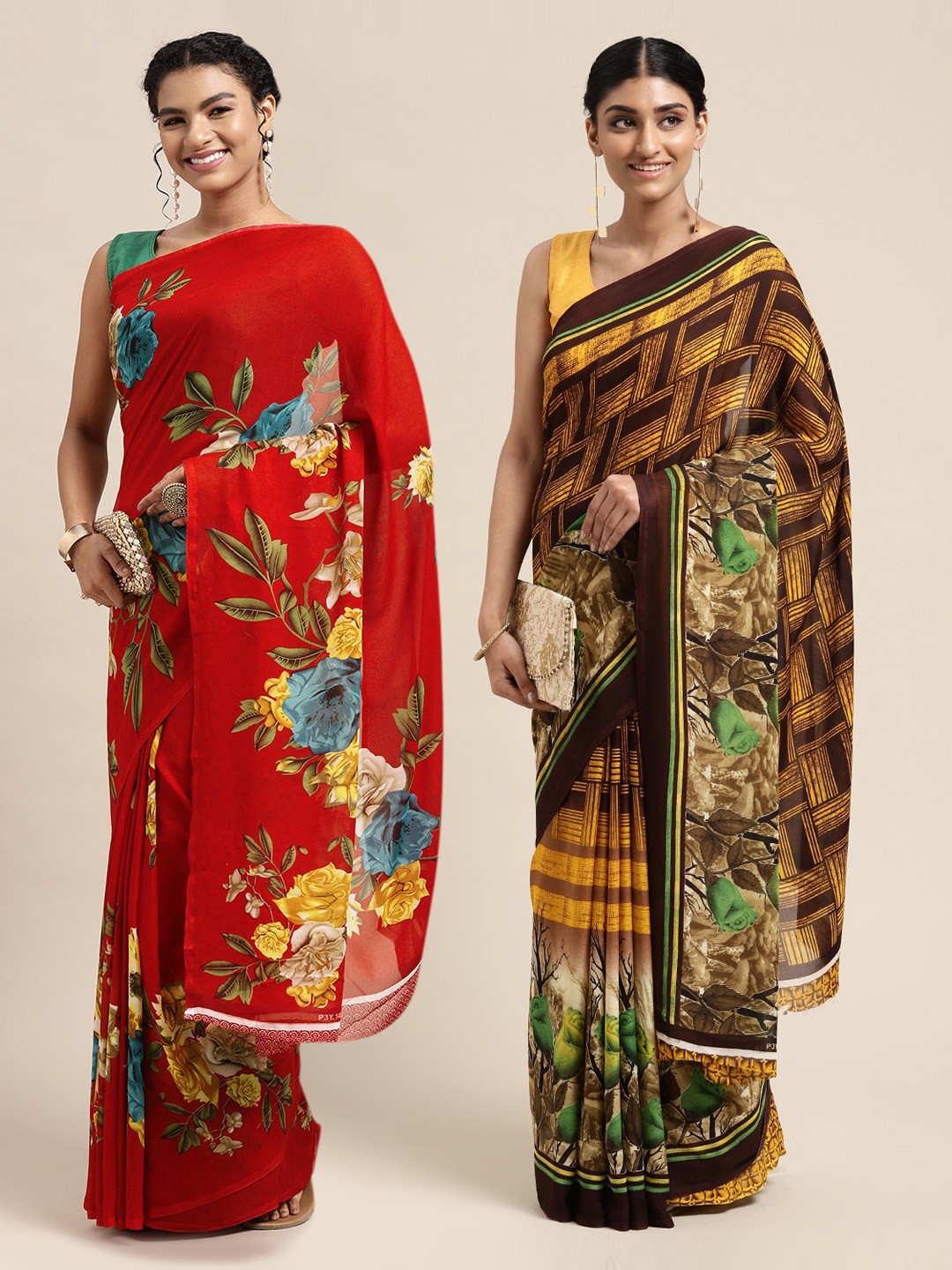 

KALINI Red & Brown Floral Pure Georgette Saree