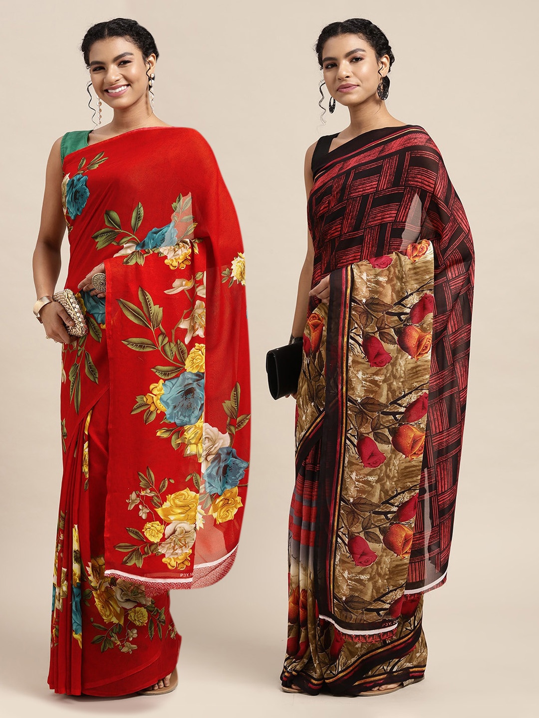 

KALINI Red & Black Floral Pure Georgette Saree