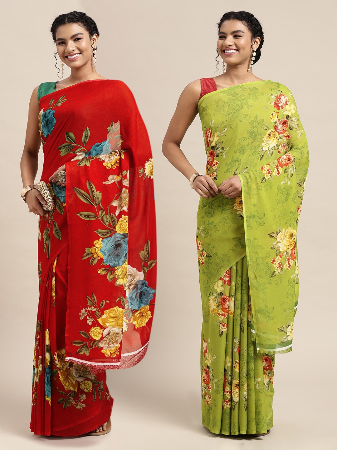 

KALINI Red & Lime Green Floral Pure Georgette Saree
