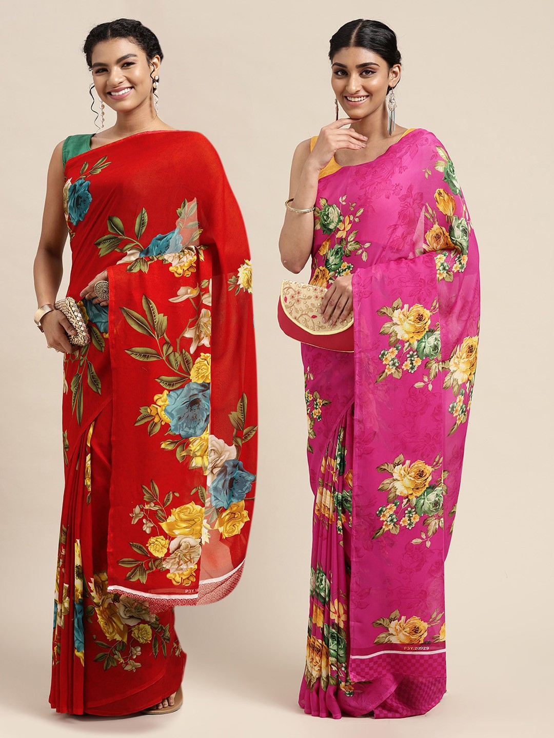 

KALINI Red & Pink Floral Pure Georgette Saree
